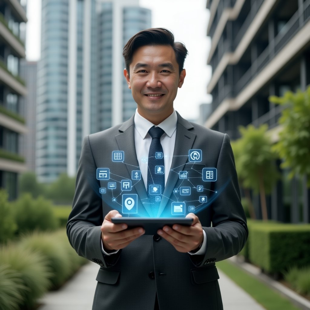 Ultra-realistic condominium manager in a charcoal gray tailored suit, set in a modern luxury condominium environment with high-rise buildings and manicured green landscaping, holding a tablet displaying a holographic maintenance schedule, confident and focused expression, floating icons of tools and checklists around the tablet, cinematic lighting, shallow depth of field, highly detailed textures, realistic skin, photographic realism, 8k resolution --ar 1:1 --v 6