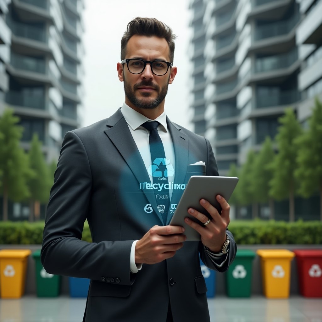 (Ultra-realistic condominium manager in a charcoal tailored suit, set in a modern luxury condominium environment with high-rise buildings and green landscaping, mid-shot of the manager holding a tablet displaying a holographic recycling icon and data charts, colorful recycling bins neatly arranged behind, confident and focused expression, cinematic lighting, shallow depth of field, highly detailed textures, realistic skin, photographic realism, 8k resolution --ar 1:1 --v 6)