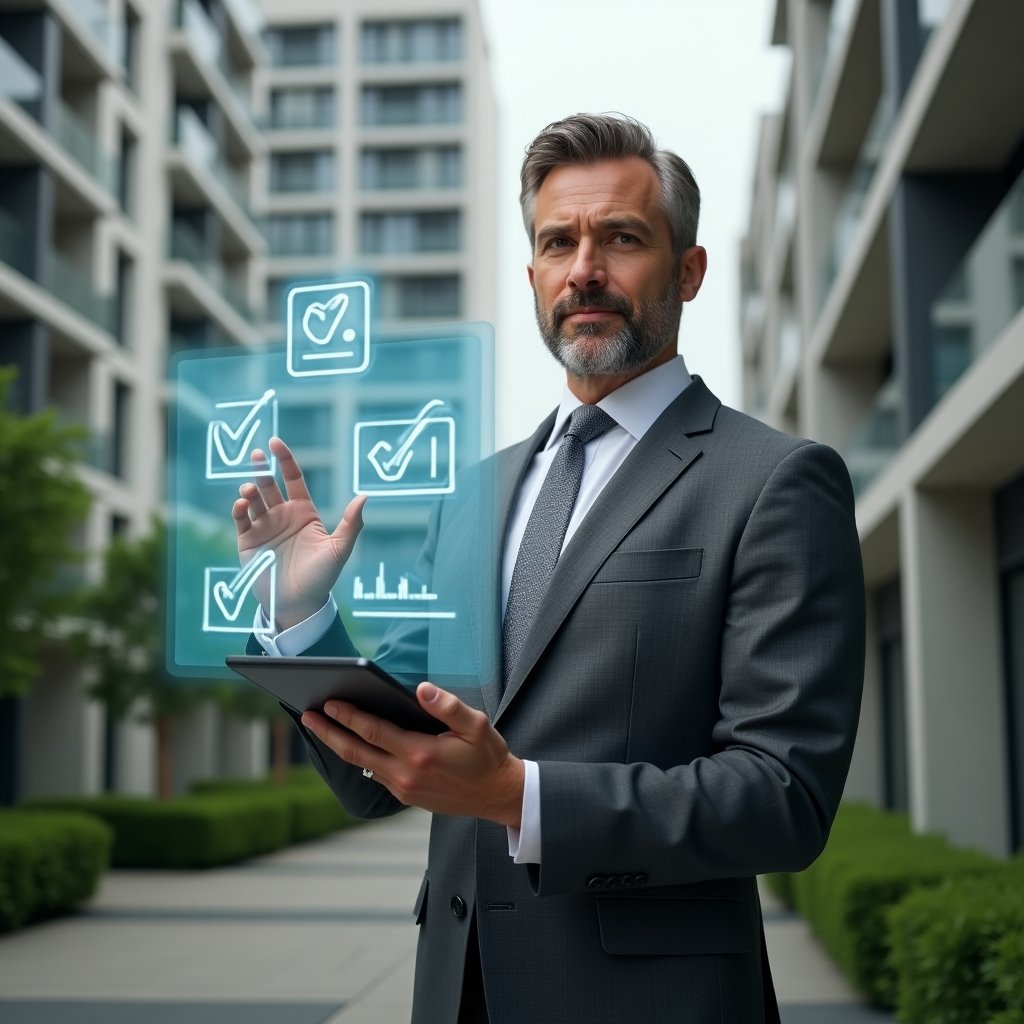 Ultra-realistic condominium manager in a tailored gray suit, set in a modern luxury condominium environment with high-rise buildings and lush green landscaping, mid-shot holding a tablet and gesturing toward a floating holographic assembly agenda and voting icons, holographic checkmarks and meeting symbols surrounding him, confident expression, cinematic lighting, shallow depth of field, highly detailed textures, realistic skin, photographic realism, 8k resolution --ar 1:1 --v 6