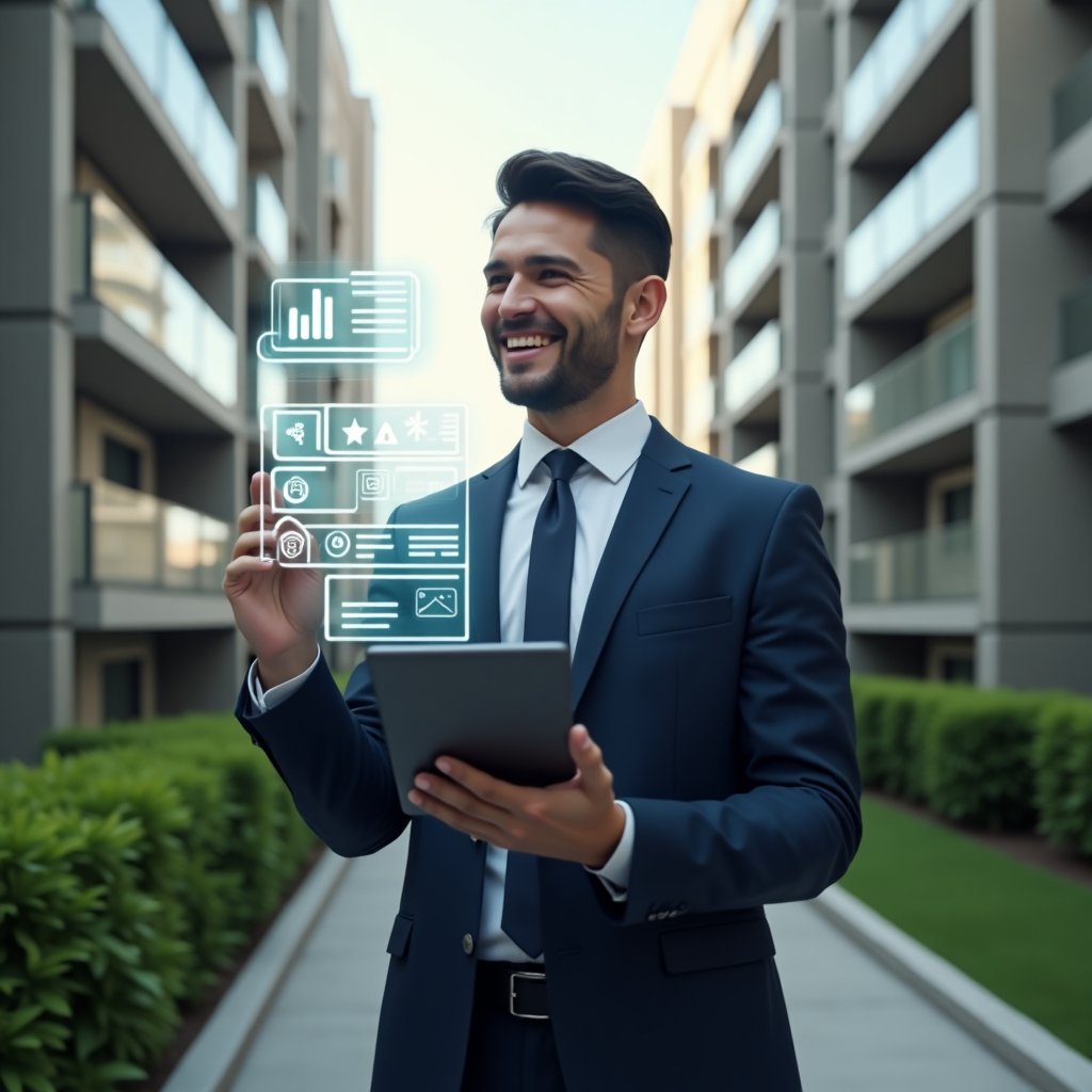 Ultra-realistic condominium manager in a tailored navy suit, set in a modern luxury condominium environment with high-rise buildings and manicured green landscaping, standing confidently while holding a tablet displaying floating holographic icons of checklists, budget charts and maintenance alerts, slight smile conveying achievement, cinematic lighting, shallow depth of field, highly detailed textures, realistic skin, photographic realism, 8k resolution --ar 1:1 --v 6