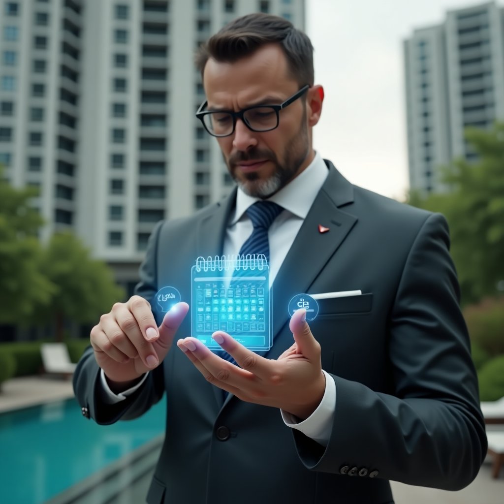 (Ultra-realistic condominium manager in a dark grey suit, set in a modern luxury condominium environment with high-rise buildings and lush green landscaping, medium close-up of a confident professional interacting with a floating holographic calendar displaying pool, party hall and barbecue icons, cinematic lighting, shallow depth of field, highly detailed textures, realistic skin, photographic realism, 8k resolution --ar 1:1 --v 6)