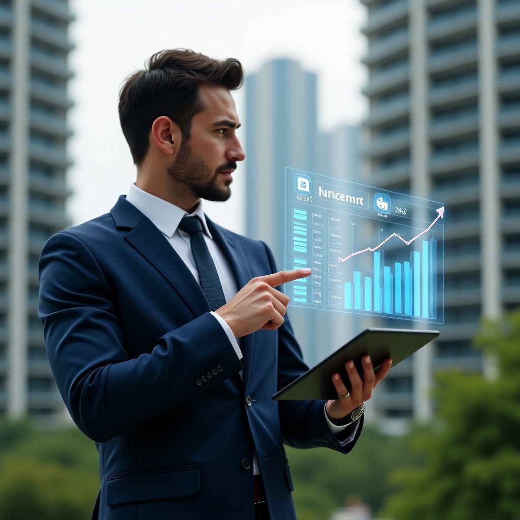 (Ultra-realistic condominium manager in a navy executive suit, set in a modern luxury condominium environment with high-rise buildings and green landscaping, mid-shot holding a tablet with holographic budget charts while confidently pointing at a floating transparent bar graph and invoice icons, cinematic lighting, shallow depth of field, highly detailed textures, realistic skin, photographic realism, 8k resolution --ar 1:1 --v 6)
