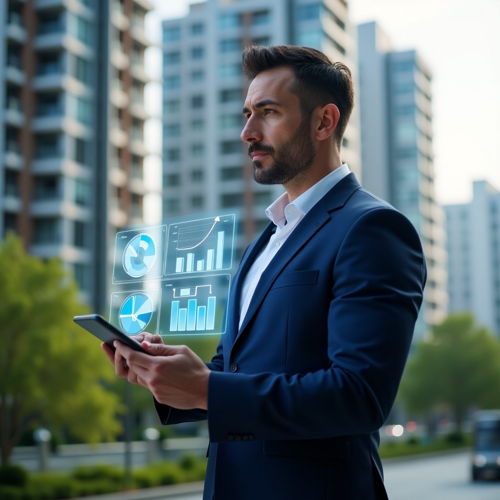 (Ultra-realistic condominium manager in a navy blue suit, set in a modern luxury condominium environment with high-rise buildings and green landscaping, holding a tablet displaying holographic financial charts, confident expression while reviewing transparent report graphics, holographic pie chart and bar graph floating beside, cinematic lighting, shallow depth of field, highly detailed textures, realistic skin, photographic realism, 8k resolution --ar 1:1 --v 6)