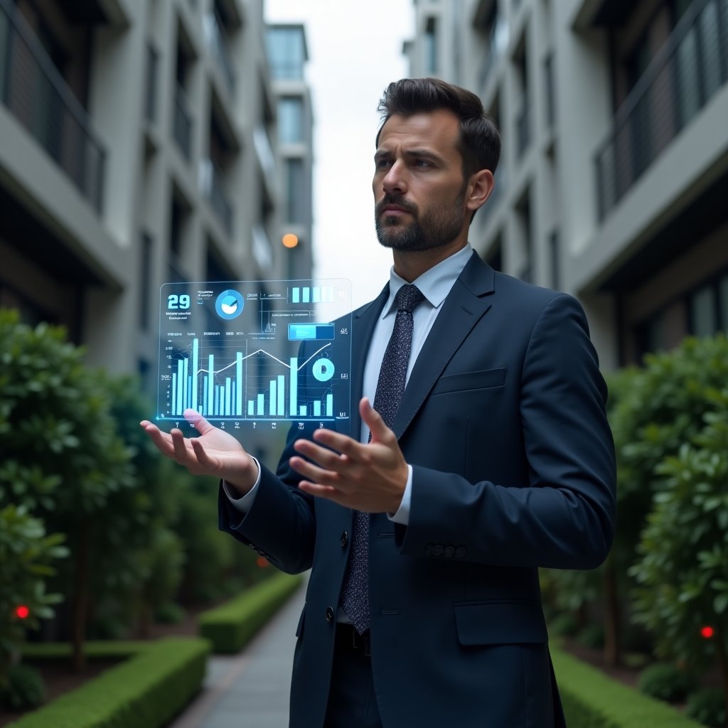 (Ultra-realistic condominium manager in a tailored navy suit, set in a modern luxury condominium environment with high-rise buildings and manicured green landscaping, mid shot presenting a holographic financial report with floating bar graphs and pie charts, confident and focused expression, cinematic lighting, shallow depth of field, highly detailed textures, realistic skin, photographic realism, 8k resolution --ar 1:1 --v 6)