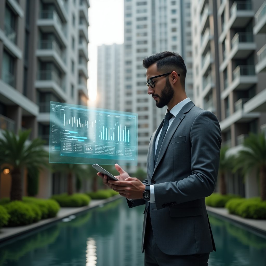 (Ultra-realistic condominium manager in a tailored charcoal gray suit, set in a modern luxury condominium environment with high-rise buildings and manicured green gardens, confidently examining a floating holographic financial dashboard showing charts and ledgers, symbolizing online accounting transparency, cinematic lighting, shallow depth of field, highly detailed textures, realistic skin, photographic realism, 8k resolution --ar 1:1 --v 6)