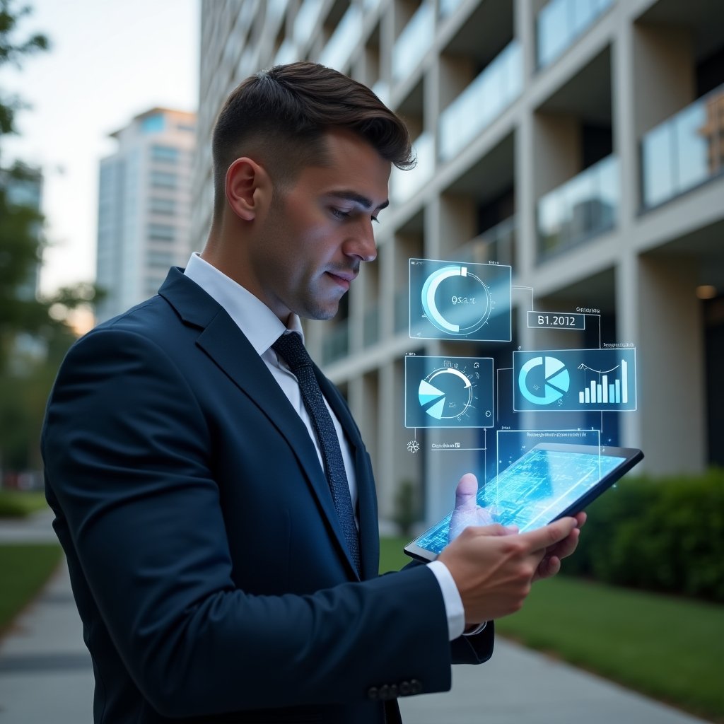 Ultra-realistic condominium manager in a tailored navy blue suit, set in a modern luxury condominium environment with high-rise buildings and manicured greenery, examining a transparent digital tablet displaying financial dashboards, surrounded by floating holographic pie charts and bar graphs symbolizing online accounting transparency, cinematic lighting, shallow depth of field, highly detailed textures, realistic skin, photographic realism, 8k resolution --ar 1:1 --v 6