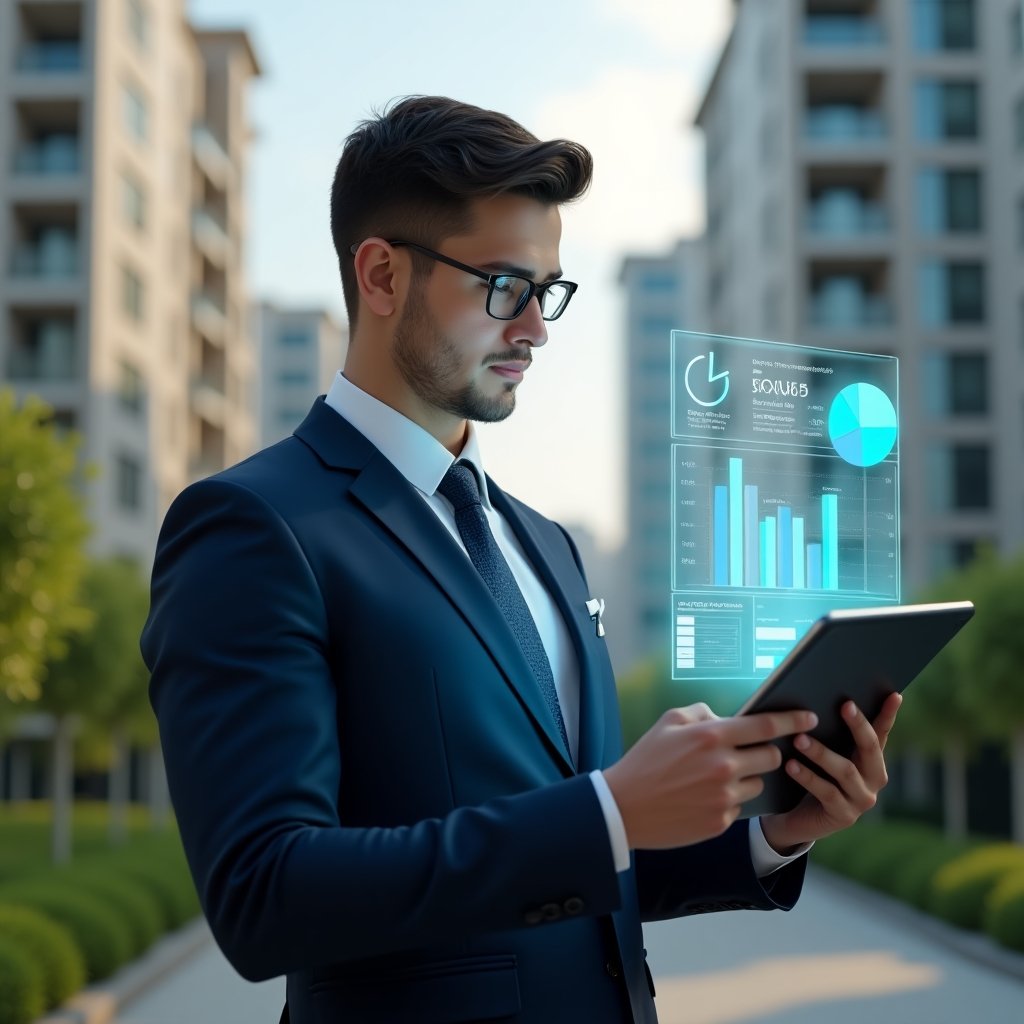 (Ultra-realistic condominium manager in a tailored navy blue suit, set in a modern luxury condominium environment with high-rise buildings and lush green landscaping, mid-shot as they review and present transparent financial reports on a sleek digital tablet with holographic pie charts and bar graphs floating above, confident and engaged expression, cinematic lighting, shallow depth of field, highly detailed textures, realistic skin, photographic realism, 8k resolution --ar 1:1 --v 6)