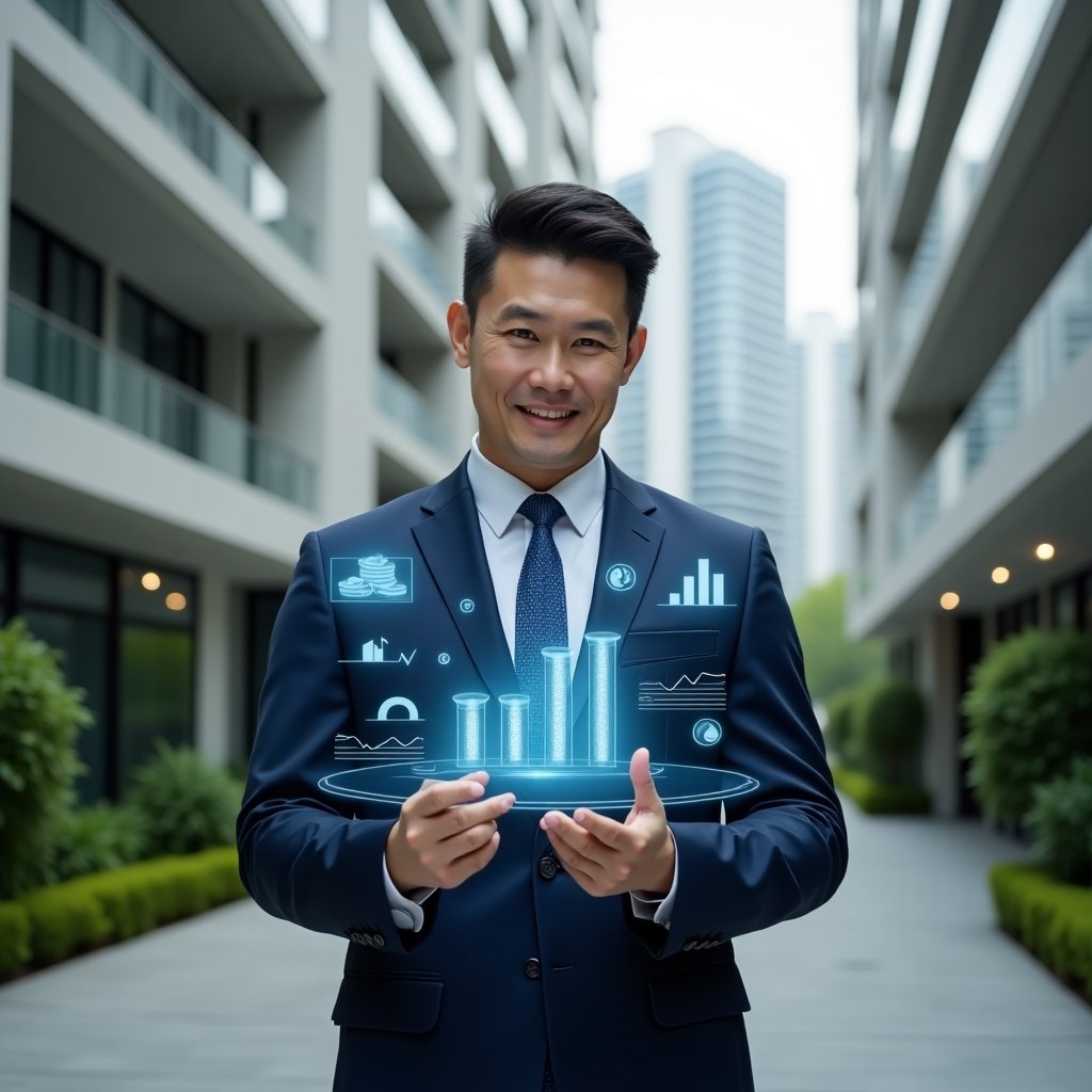 Ultra-realistic condominium manager in a navy blue suit, set in a modern luxury condominium environment with high-rise buildings and manicured green landscaping, mid shot reviewing a floating holographic financial dashboard displaying transparent balance sheets and colorful charts, confident and approachable expression, holographic icons of graphs and coins orbiting around, cinematic lighting, shallow depth of field, highly detailed textures, realistic skin, photographic realism, 8k resolution --ar 1:1 --v 6