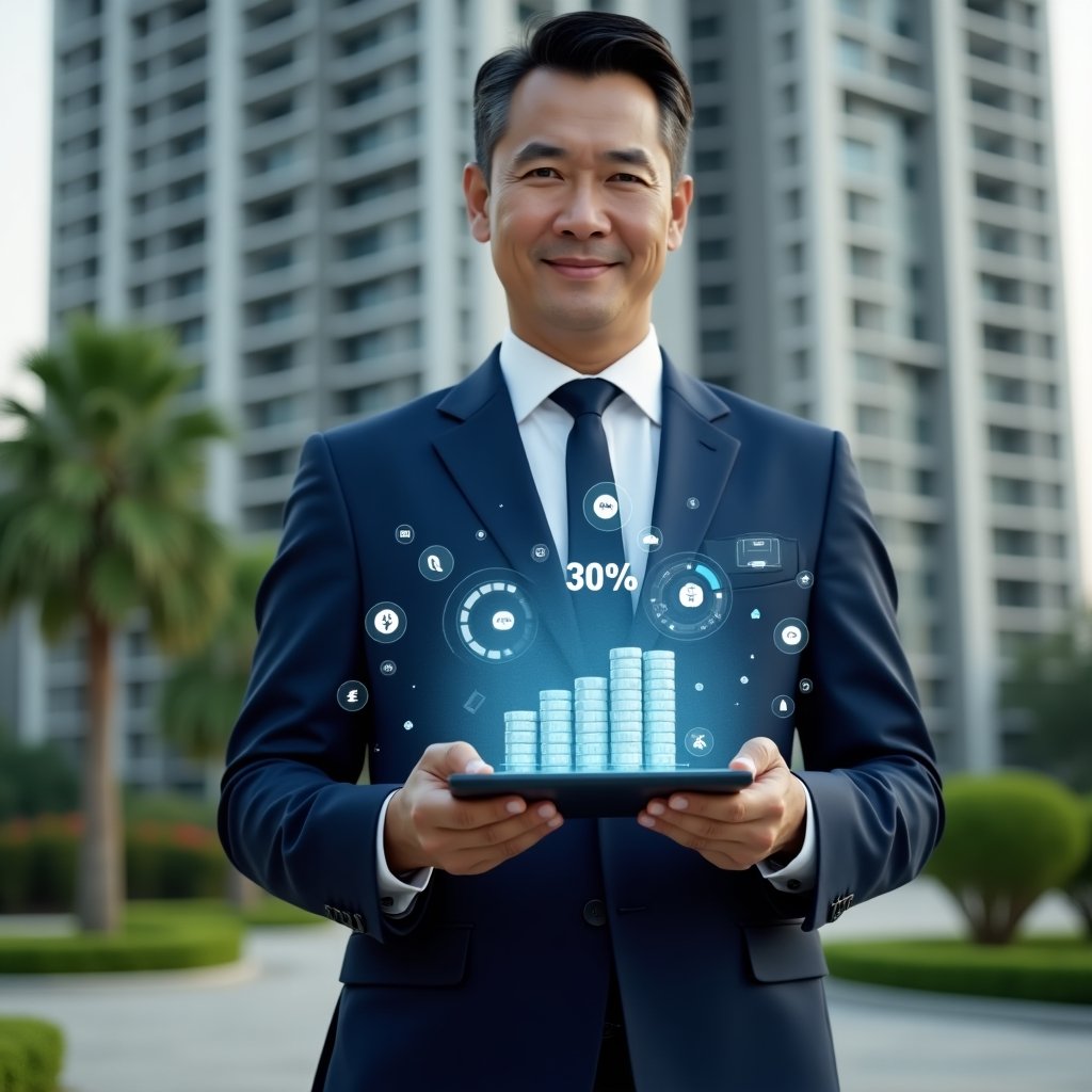 Ultra-realistic condominium manager in a navy blue tailored suit, set in a modern luxury condominium environment with high-rise buildings and green landscaping, holding a tablet displaying holographic cost-reduction charts showing “30%”, surrounded by floating icons of coins and energy-saving symbols, confident expression, cinematic lighting, shallow depth of field, highly detailed textures, realistic skin, photographic realism, 8k resolution --ar 1:1 --v 6