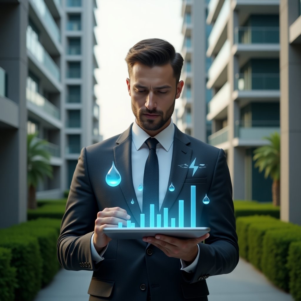 (Ultra-realistic condominium manager in a dark gray tailored suit, set in a modern luxury condominium environment with high-rise buildings and manicured green landscaping, reviewing energy and water consumption charts on a transparent holographic tablet, floating water droplet and electricity bolt icons around the device, confident and focused expression, cinematic lighting, shallow depth of field, highly detailed textures, realistic skin, photographic realism, 8k resolution --ar 1:1 --v 6)
