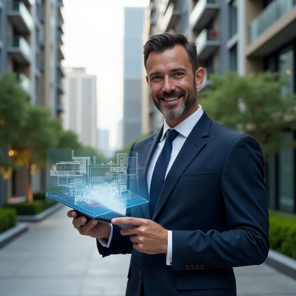 (Ultra-realistic property manager in a tailored navy suit, set in a modern luxury condominium environment with high-rise buildings and lush green landscaping, holding a digital tablet displaying architectural blueprints and pointing at a floating holographic floor plan, confident and professional expression, cinematic lighting, shallow depth of field, highly detailed textures, realistic skin, photographic realism, 8k resolution --ar 1:1 --v 6)