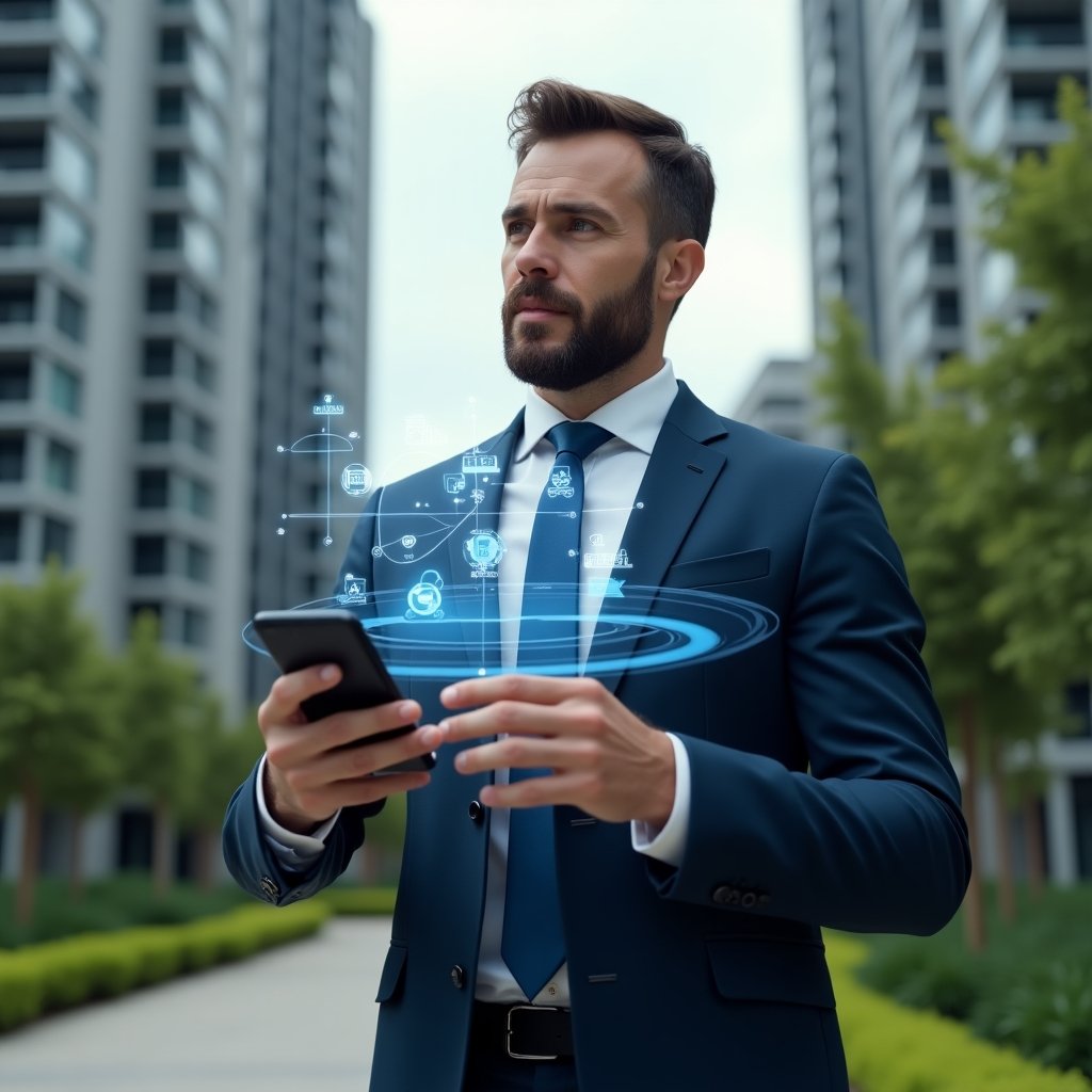 (Ultra-realistic condominium manager in a tailored navy-blue suit, set in a modern luxury condominium environment with sleek high-rise buildings and manicured green landscaping, medium shot, holding a smartphone projecting a holographic interface of financial graphs, security camera thumbnails, and notification icons, confident and thoughtful expression, cinematic lighting, shallow depth of field, highly detailed textures, realistic skin, photographic realism, 8k resolution --ar 1:1 --v 6)