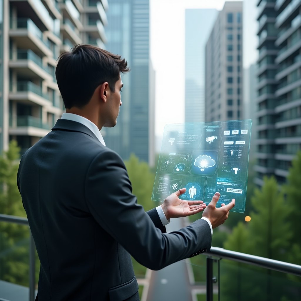 (Ultra-realistic condominium manager in a charcoal gray tailored suit, set in a modern luxury condominium environment with high-rise glass buildings and lush green landscaping, confidently examining a holographic security dashboard showing smart cameras and IoT sensors, floating holographic icons of cameras, sensors and network nodes around them, cinematic lighting, shallow depth of field, highly detailed textures, realistic skin, photographic realism, 8k resolution --ar 1:1 --v 6)