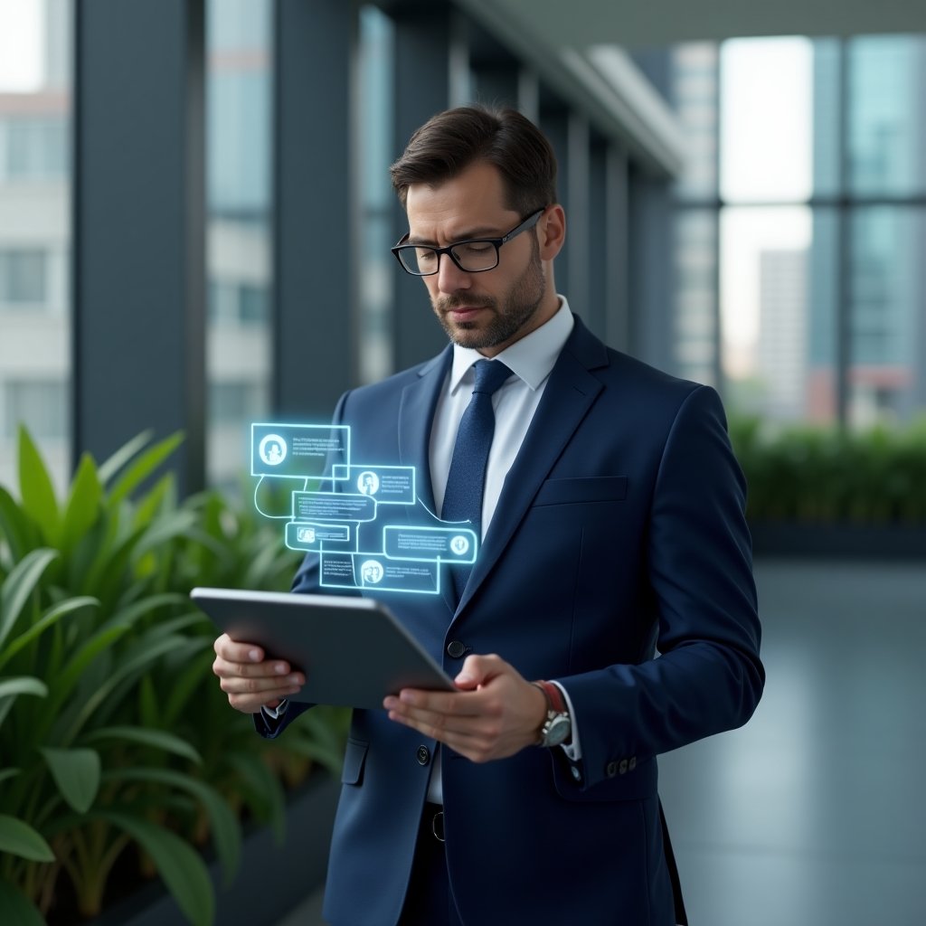 (Ultra-realistic condominium manager in a navy blue tailored suit, set in a modern luxury condominium environment with high-rise buildings and green landscaping, mid-shot close-up of the manager holding a tablet displaying a floating holographic chat interface and notification icons symbolizing optimized communication, cinematic lighting, shallow depth of field, highly detailed textures, realistic skin, photographic realism, 8k resolution --ar 1:1 --v 6)