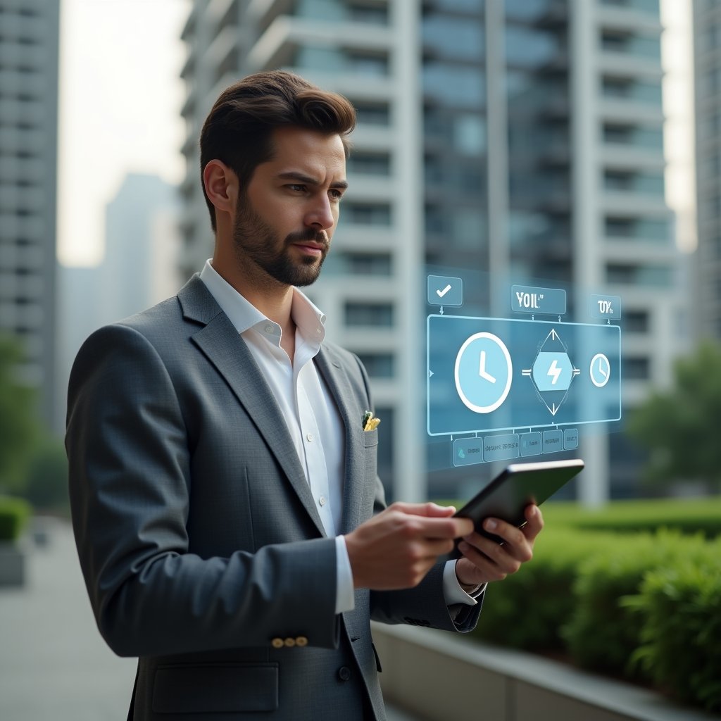 Ultra-realistic condominium property manager in a tailored gray suit and white shirt, set in a modern luxury condominium environment with high-rise buildings and green landscaping, medium shot showing the manager holding a tablet and gesturing to a floating holographic timeline with clock, checklist and speech bubble icons symbolizing agenda priorities and speaking time, confident and focused expression, cinematic lighting, shallow depth of field, highly detailed textures, realistic skin, photographic realism, 8k resolution --ar 1:1 --v 6