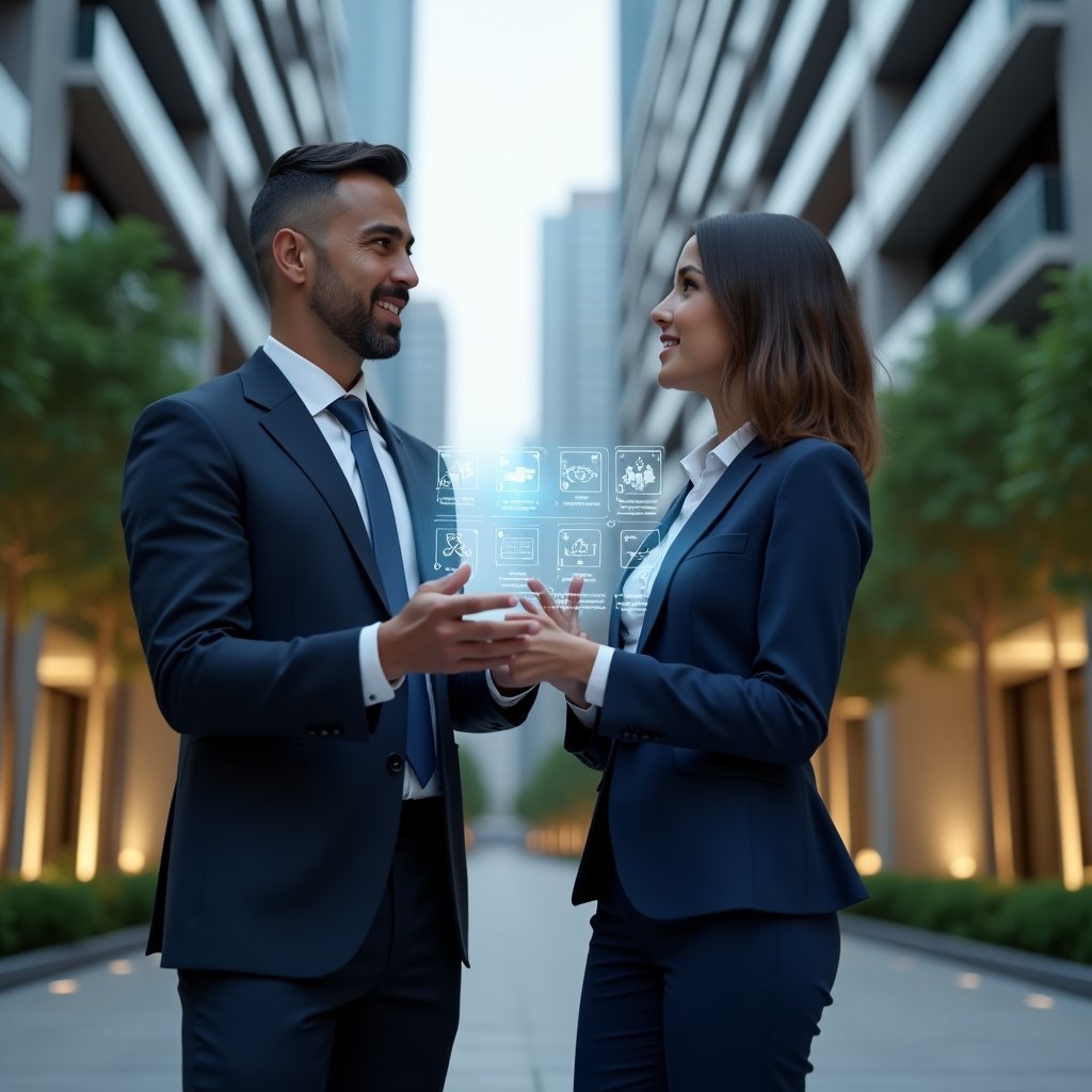 Ultra-realistic property manager in a tailored navy suit and resident manager in smart casual attire, set in a modern luxury condominium environment with high-rise buildings and lush green landscaping, both examining a floating holographic dashboard displaying **aplicativo para condomínio** and **aplicativo de gestão** icons, confident and collaborative expressions, cinematic lighting, shallow depth of field, highly detailed textures, realistic skin, photographic realism, 8k resolution --ar 1:1 --v 6