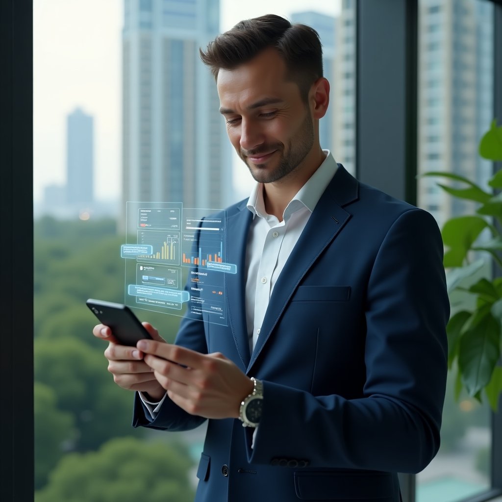 Ultra-realistic condominium manager in a navy blue suit, set in a modern luxury condominium environment with high-rise buildings and lush green landscaping, holding a smartphone displaying a floating holographic interface of chat notifications, financial graphs, and reservation calendar, confident and engaged expression, cinematic lighting, shallow depth of field, highly detailed textures, realistic skin, photographic realism, 8k resolution --ar 1:1 --v 6