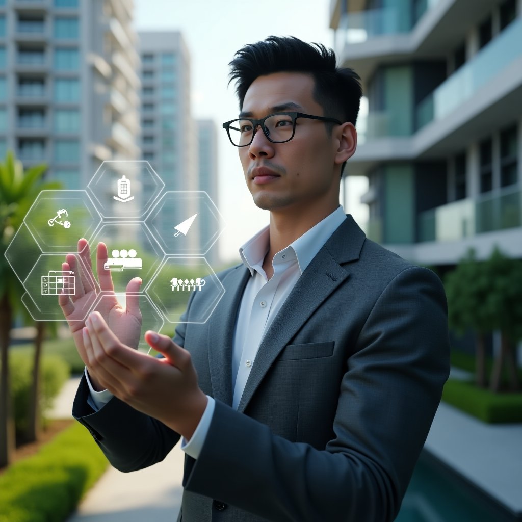 Ultra-realistic condominium manager in a charcoal gray executive suit, set in a modern luxury condominium environment with high-rise buildings and lush green landscaping, medium close-up of a confident manager interacting with a holographic interface displaying icons for finance charts, chat bubbles, security cameras, and reservation calendars, cinematic lighting, shallow depth of field, highly detailed textures, realistic skin, photographic realism, 8k resolution --ar 1:1 --v 6