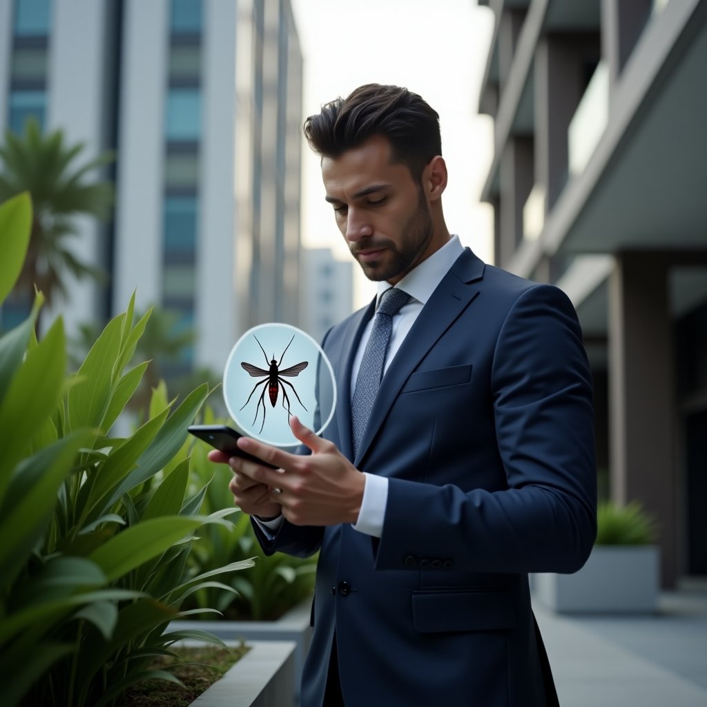 (Ultra-realistic condominium manager in a dark blue tailored suit, set in a modern luxury condominium environment with high-rise buildings and green landscaping, inspecting a planter while holding a smartphone displaying a mosquito monitoring app and pointing at a holographic Aedes aegypti icon, confident and focused expression, cinematic lighting, shallow depth of field, highly detailed textures, realistic skin, photographic realism, 8k resolution --ar 1:1 --v 6)