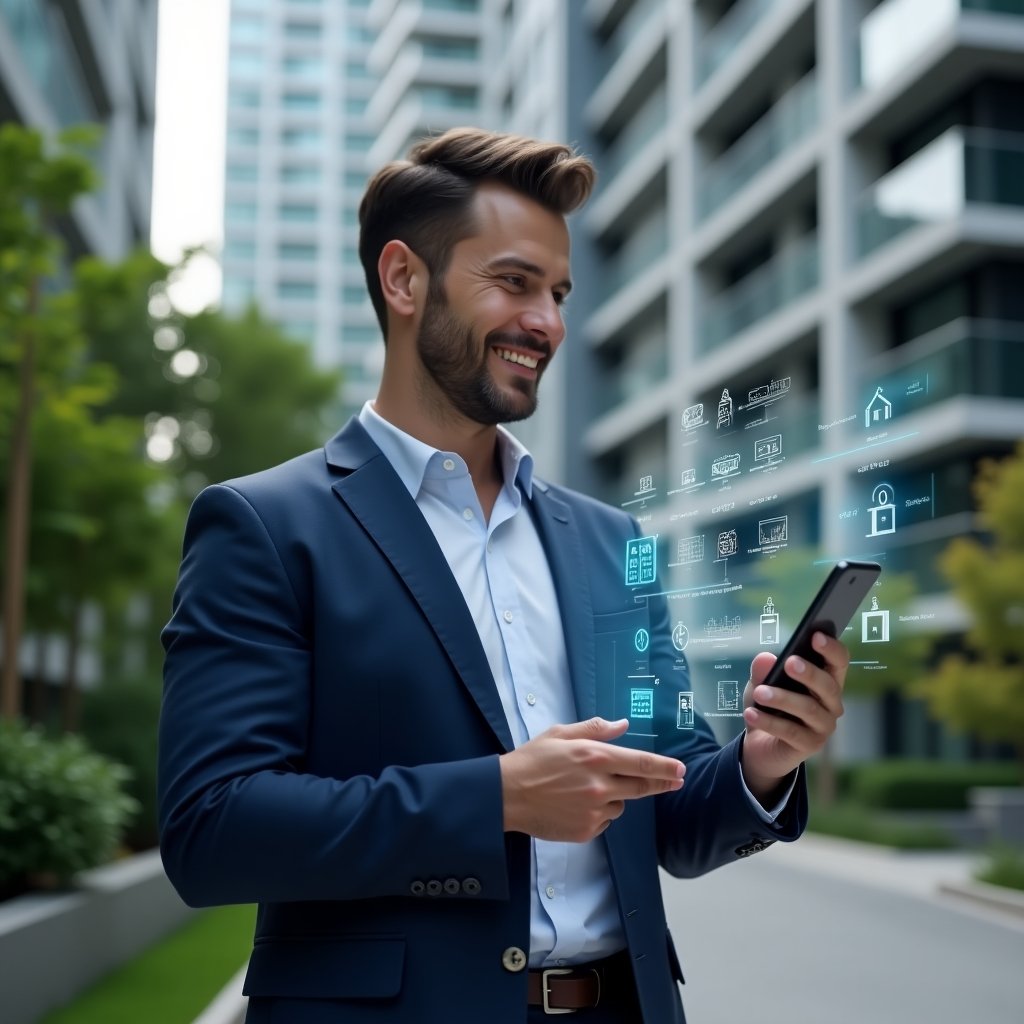 (Ultra-realistic condominium manager in a navy blue executive suit, set in a modern luxury condominium environment with high-rise buildings and lush green landscaping, holding a smartphone displaying floating holographic financial charts, access control icons and integrated chat bubbles, smiling confidently and analyzing data, subtle futuristic digital interface elements around, cinematic lighting, shallow depth of field, highly detailed textures, realistic skin, photographic realism, 8k resolution --ar 1:1 --v 6)