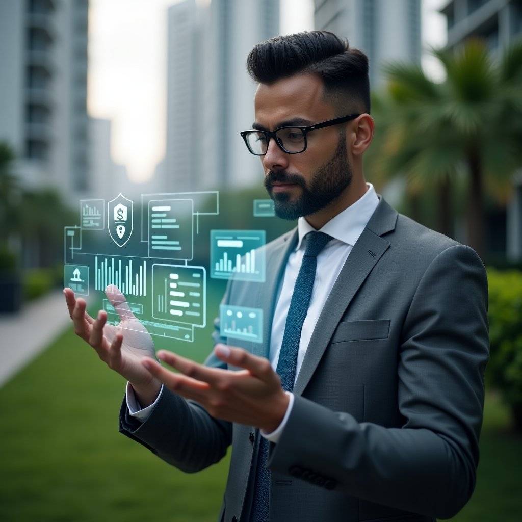 (Ultra-realistic property manager in a charcoal gray suit, set in a modern luxury condominium environment with high-rise buildings and lush green landscaping, medium close-up of a confident professional analyzing a transparent holographic financial dashboard with floating icons of security shield, clock, and bar charts symbolizing agility and transparency, cinematic lighting, shallow depth of field, highly detailed textures, realistic skin, photographic realism, 8k resolution --ar 1:1 --v 6)