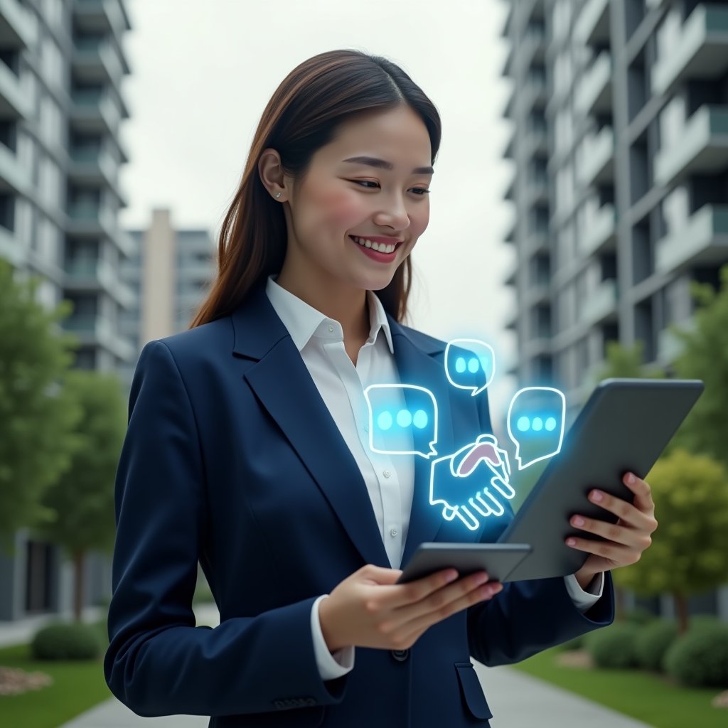 (Ultra-realistic condominium manager in a navy blue suit, set in a modern luxury condominium environment with high-rise buildings and lush green landscaping, mid shot close-up as they smile warmly and hold a tablet projecting holographic handshake and chat bubble icons symbolizing neighborly communication and harmony, cinematic lighting, shallow depth of field, highly detailed textures, realistic skin, photographic realism, 8k resolution --ar 1:1 --v 6)