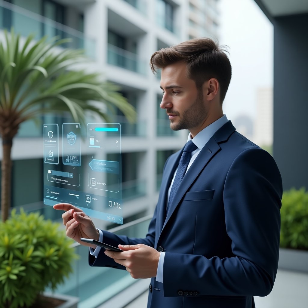 (Ultra-realistic condo manager in a navy blue tailored suit, set in a modern luxury condominium environment with high-rise buildings and lush green landscaping, confidently interacting with a holographic app dashboard displaying icons for calendar, chat, security shield and payment, cinematic lighting, shallow depth of field, highly detailed textures, realistic skin, photographic realism, 8k resolution --ar 1:1 --v 6)