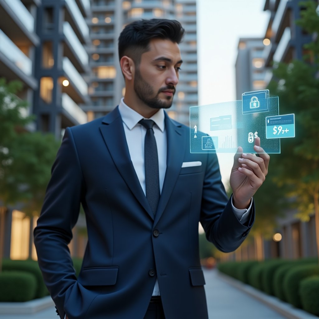 Ultra-realistic condominium manager in a navy tailored suit, set in a modern luxury condominium environment with high-rise buildings and manicured green landscaping, confidently tapping a holographic interface displaying reservation calendars, chat bubbles, financial graphs and security padlock icons, cinematic lighting, shallow depth of field, highly detailed textures, realistic skin, photographic realism, 8k resolution --ar 1:1 --v 6