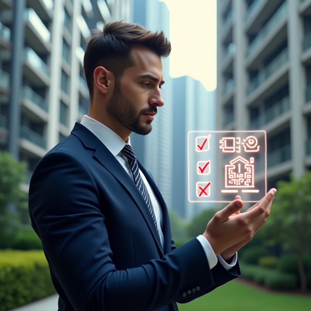 (Ultra-realistic condominium manager in a tailored navy blue suit, set in a modern luxury condominium environment with high-rise buildings and lush green landscaping, close-up pose reviewing a floating holographic checklist of four common management errors with red cross icons for budget, communication, tasks and technology, analytical confident expression, cinematic lighting, shallow depth of field, highly detailed textures, realistic skin, photographic realism, 8k resolution --ar 1:1 --v 6)