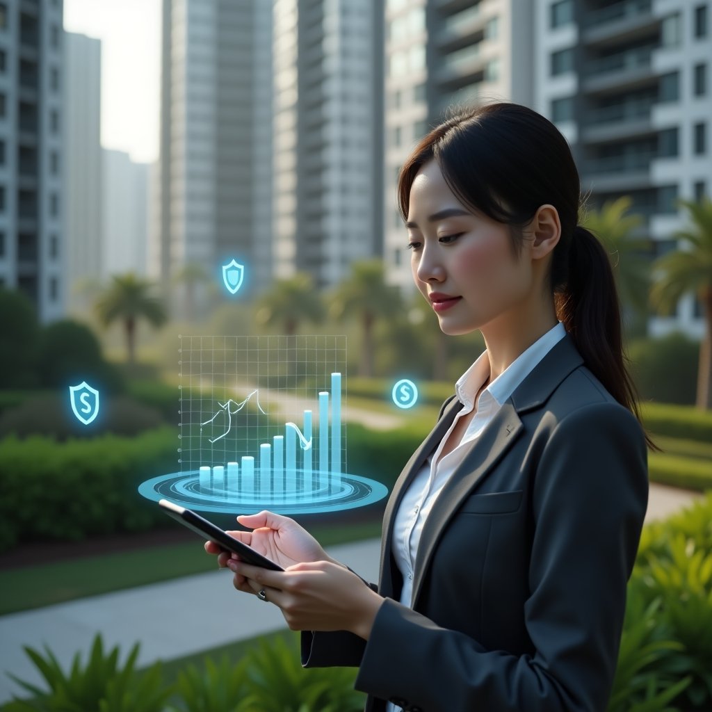 (Ultra-realistic female condominium manager in a charcoal gray executive suit, set in a modern luxury condominium environment with high-rise buildings and lush green landscaping, close-up of her confidently reviewing a holographic descending expense graph projected from a sleek tablet, surrounded by floating coin and shield icons symbolizing savings and security, cinematic lighting, shallow depth of field, highly detailed textures, realistic skin, photographic realism, 8k resolution --ar 1:1 --v 6)