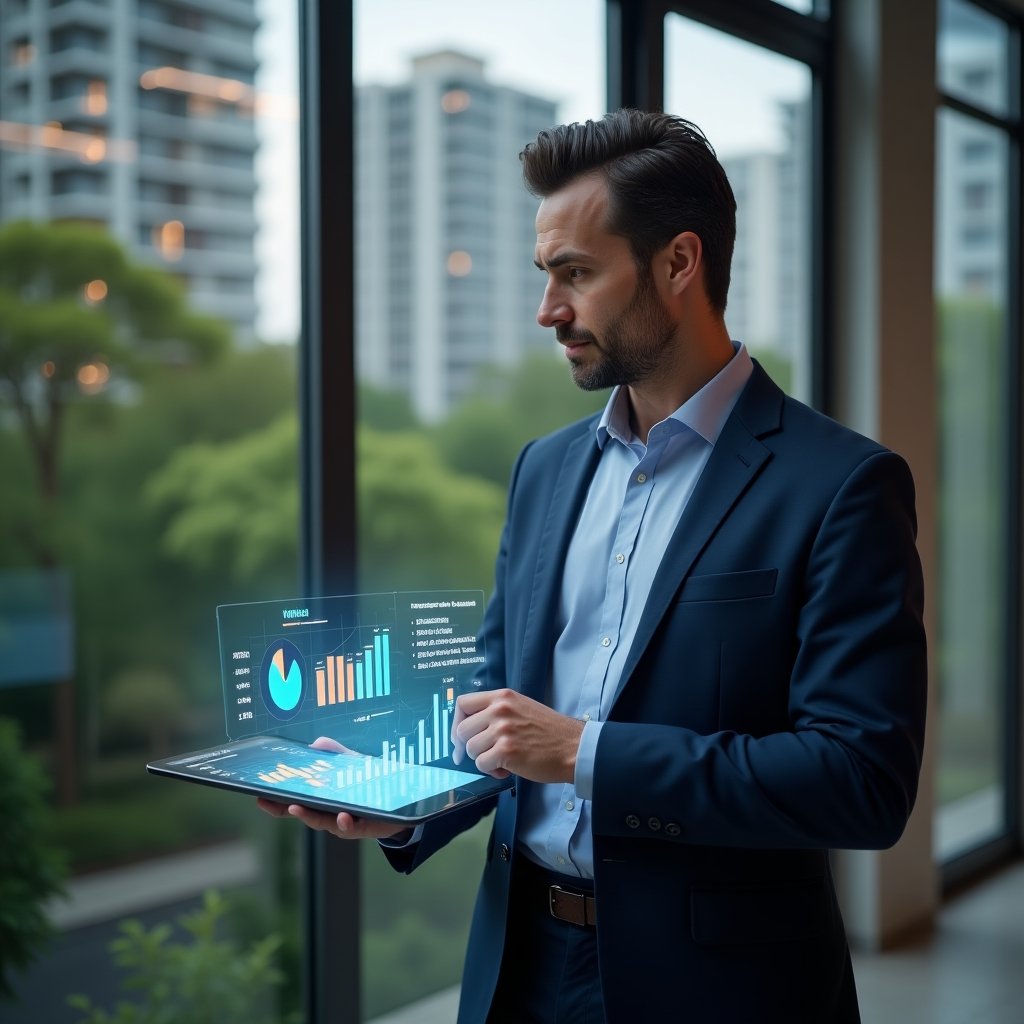 Ultra-realistic condo manager in a navy tailored suit, set in a modern luxury condominium environment with high-rise buildings and lush green landscaping, confidently reviewing holographic financial charts—one hand pointing at a glowing pie chart while holding a tablet displaying budget statistics—cinematic lighting, shallow depth of field, highly detailed textures, realistic skin, photographic realism, 8k resolution --ar 1:1 --v 6
