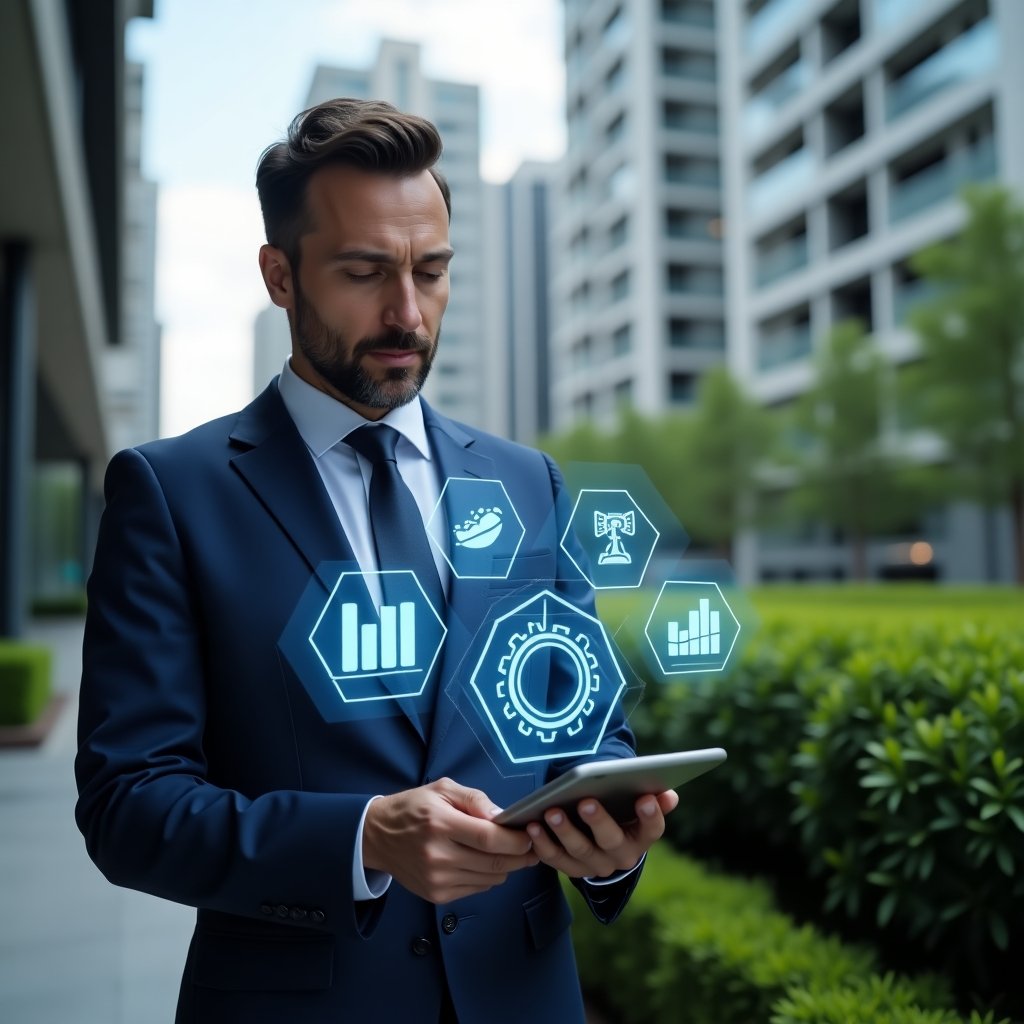 (Ultra-realistic condominium property manager in a tailored navy blue business suit, set in a modern luxury condominium environment with high-rise buildings and meticulously landscaped greenery, holding a digital tablet and interacting with holographic icons of charts and gears symbolizing efficiency and communication, focused and confident expression, cinematic lighting, shallow depth of field, highly detailed textures, realistic skin, photographic realism, 8k resolution --ar 1:1 --v 6)
