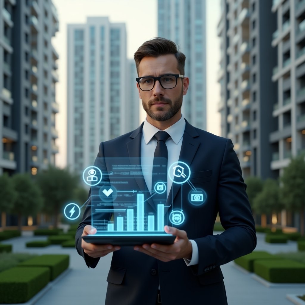 Ultra-realistic condominium manager in a dark navy suit, set in a modern luxury condominium environment with high-rise buildings and manicured green landscaping, holding a holographic dashboard displaying error icons and cost charts, analyzing data with a thoughtful, confident expression, floating digital icons representing communication, finance, maintenance, and documentation, cinematic lighting, shallow depth of field, highly detailed textures, realistic skin, photographic realism, 8k resolution --ar 1:1 --v 6