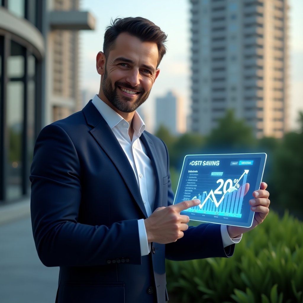 Ultra-realistic condominium manager in a navy blue executive suit, set in a modern luxury condominium environment with high-rise buildings and lush green landscaping, medium close-up shot of a confident professional holding and pointing to a holographic tablet displaying cost-saving charts and glowing app icons, symbolic 20% reduction graph, cinematic lighting, shallow depth of field, highly detailed textures, realistic skin, photographic realism, 8k resolution --ar 1:1 --v 6