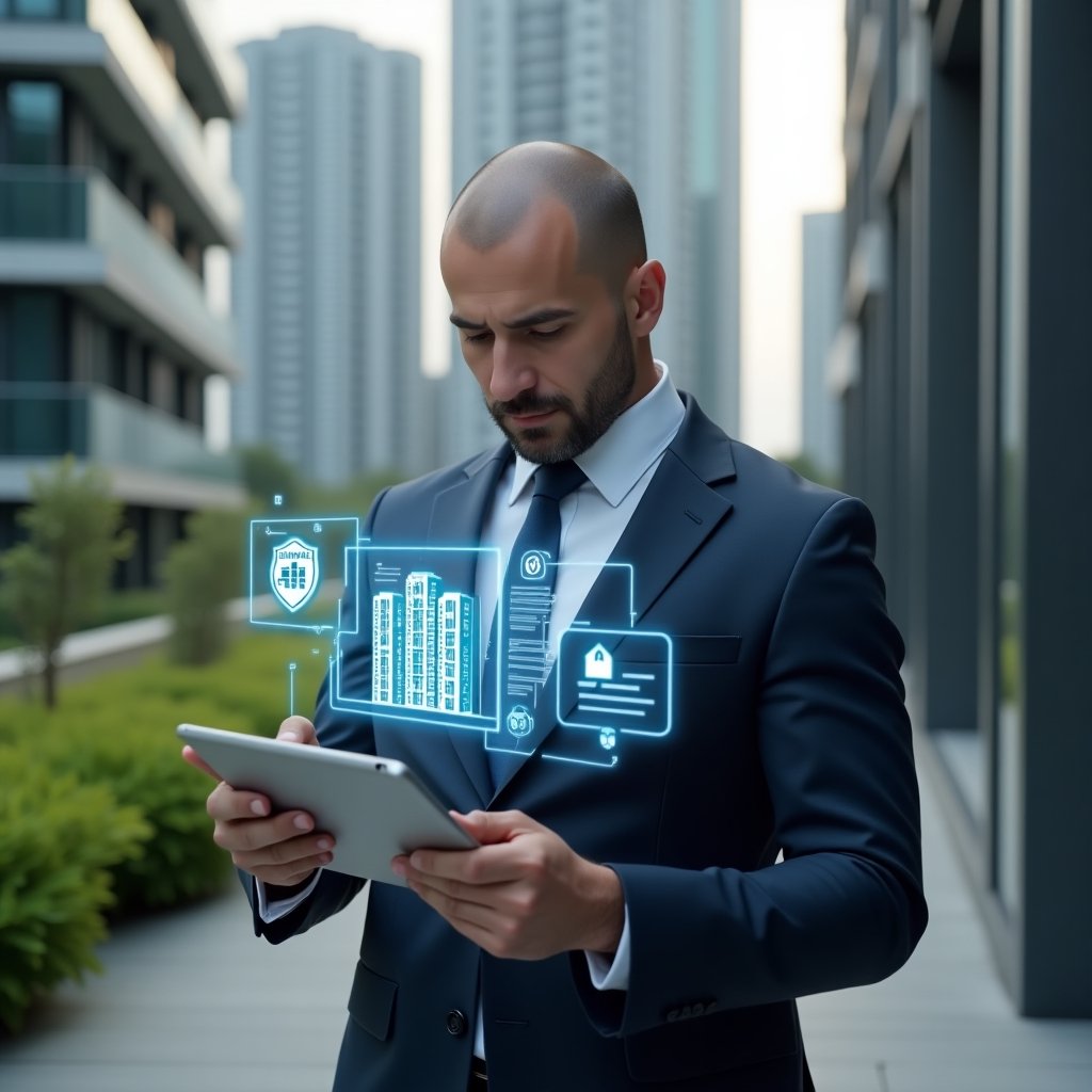 Ultra-realistic condominium manager in a navy blue suit, set in a modern luxury condominium environment with high-rise buildings and green landscaping, holding a digital tablet and analyzing a holographic interface of app icons and charts symbolizing myth debunking, floating 3D icons of a condominium building, shield and checkmarks, confident and thoughtful expression, cinematic lighting, shallow depth of field, highly detailed textures, realistic skin, photographic realism, 8k resolution --ar 1:1 --v 6