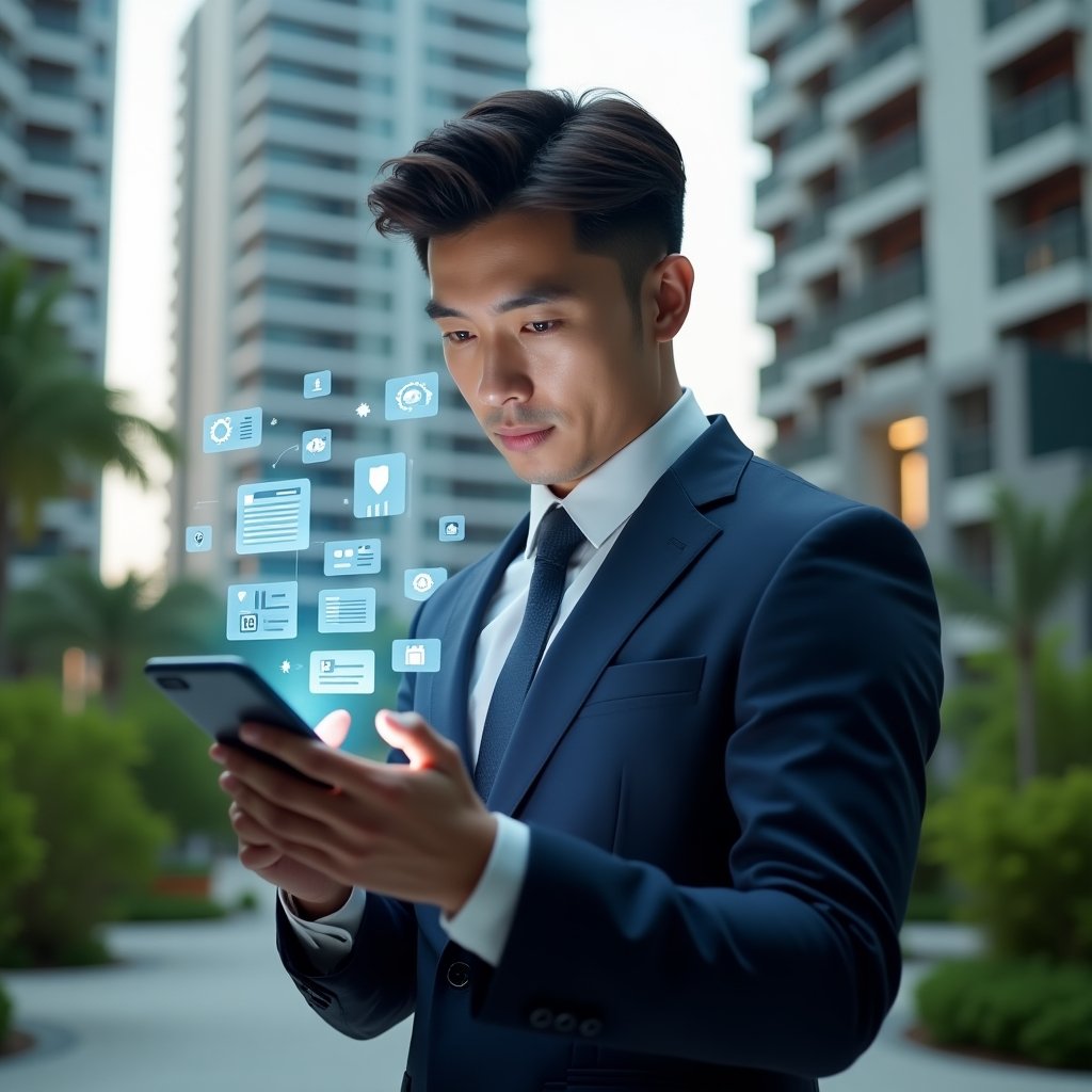 Ultra-realistic condominium manager in a tailored navy suit, set in a modern luxury condominium environment with high-rise buildings and lush green landscaping, mid shot focusing on the professional examining a floating holographic smartphone interface displaying task lists, financial charts and chat notifications, confident and thoughtful expression, symbolic holograms of gears, security shield and calendar icons surrounding the device, cinematic lighting, shallow depth of field, highly detailed textures, realistic skin, photographic realism, 8k resolution --ar 1:1 --v 6