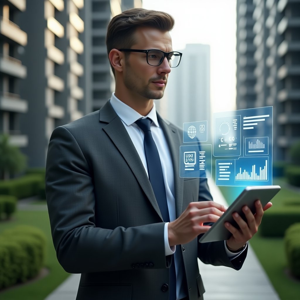 (Ultra-realistic condominium manager in a charcoal gray executive suit, set in a modern luxury condominium environment with high-rise buildings and manicured green landscaping, holding a tablet displaying a holographic property management interface, analyzing floating charts and notifications with a confident, focused expression, cinematic lighting, shallow depth of field, highly detailed textures, realistic skin, photographic realism, 8k resolution --ar 1:1 --v 6)