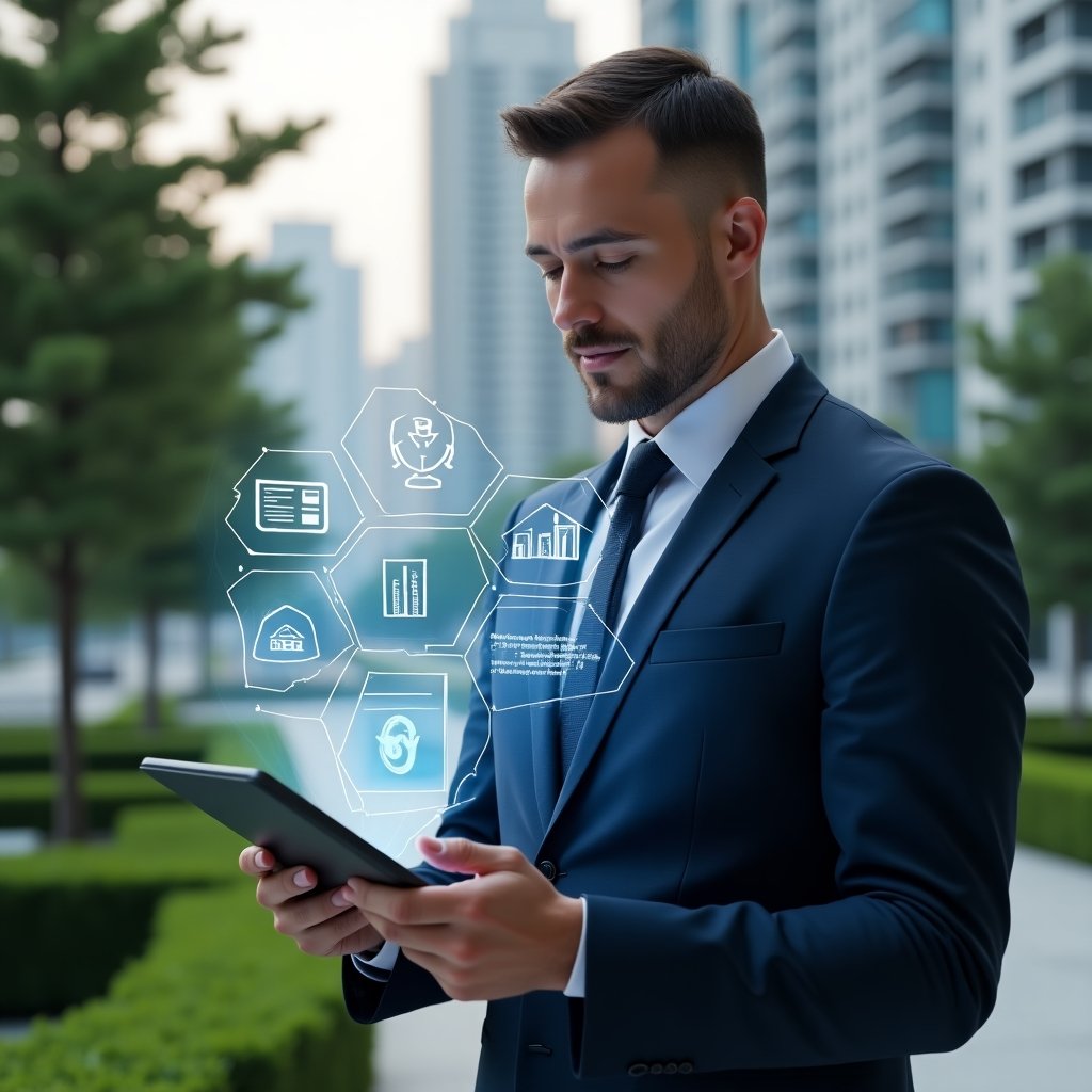 Ultra-realistic condominium manager in a navy business suit, set in a modern luxury condominium environment with high-rise buildings and manicured green landscaping, holding a tablet displaying a digital condo management app interface with floating holographic icons for communication, scheduling, and financial reports, confidently analyzing data, cinematic lighting, shallow depth of field, highly detailed textures, realistic skin, photographic realism, 8k resolution --ar 1:1 --v 6