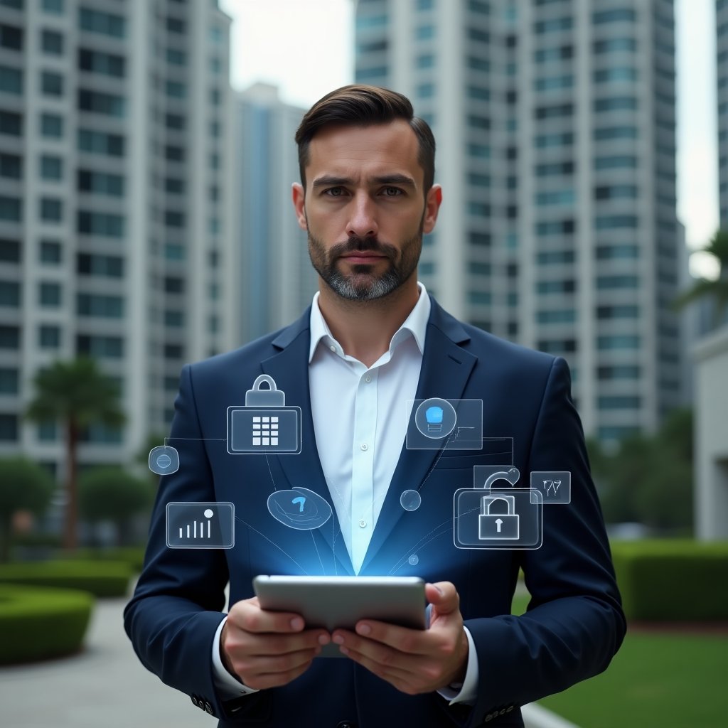 Ultra-realistic condominium manager in a sleek navy executive suit, set in a modern luxury condominium environment with high-rise buildings and manicured green landscaping, interacting with a floating holographic condo management app interface above a tablet, surrounded by translucent icons of chat bubbles, calendar alerts, financial charts and security locks, confident and focused expression, cinematic lighting, shallow depth of field, highly detailed textures, realistic skin, photographic realism, 8k resolution --ar 1:1 --v 6
