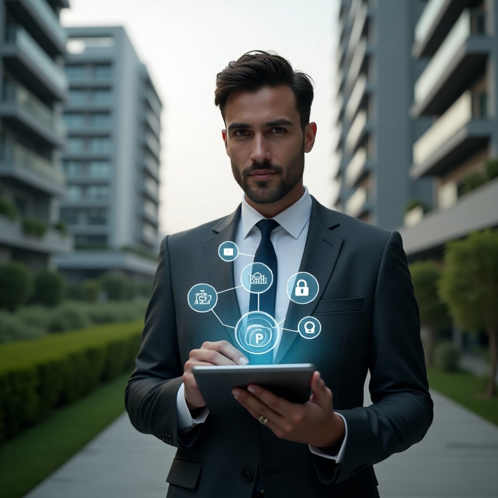 Ultra-realistic condominium manager in a dark gray tailored suit, set in a modern luxury condominium environment with high-rise buildings and lush green landscaping, holding a tablet displaying a holographic assembly agenda and voting icons floating above, with additional floating chat bubbles and a secure lock symbol, confident and focused expression, cinematic lighting, shallow depth of field, highly detailed textures, realistic skin, photographic realism, 8k resolution --ar 1:1 --v 6
