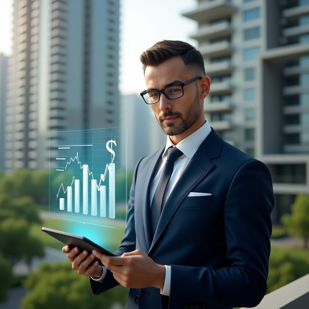(Ultra-realistic condominium manager in a tailored navy blue suit, set in a modern luxury condominium environment with high-rise buildings and lush green landscaping, holding a tablet displaying financial graphs from a condominium management app, holographic bar chart and dollar icon floating above the screen, confident and focused expression, cinematic lighting, shallow depth of field, highly detailed textures, realistic skin, photographic realism, 8k resolution --ar 1:1 --v 6)
