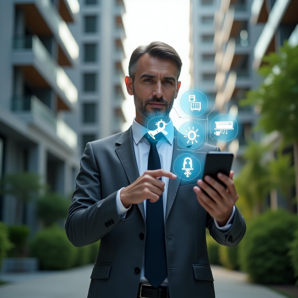 (Ultra-realistic condominium manager in an elegant charcoal-gray suit, set in a modern luxury condominium environment with high-rise buildings and lush green landscaping, medium shot showing the manager confidently interacting with a floating holographic interface of building automation controls featuring sensor, energy and security icons, a smartphone in the other hand displaying a condominium management app icon, cinematic lighting, shallow depth of field, highly detailed textures, realistic skin, photographic realism, 8k resolution --ar 1:1 --v 6)