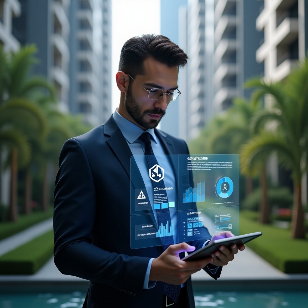 Ultra-realistic condominium property manager in a dark blue executive suit, set in a modern luxury condominium environment with high-rise buildings and lush green landscaping, holding a tablet displaying a condo management app and examining holographic warning icons and analytic charts indicating performance alerts, serious and analytical expression, cinematic lighting, shallow depth of field, highly detailed textures, realistic skin, photographic realism, 8k resolution --ar 1:1 --v 6