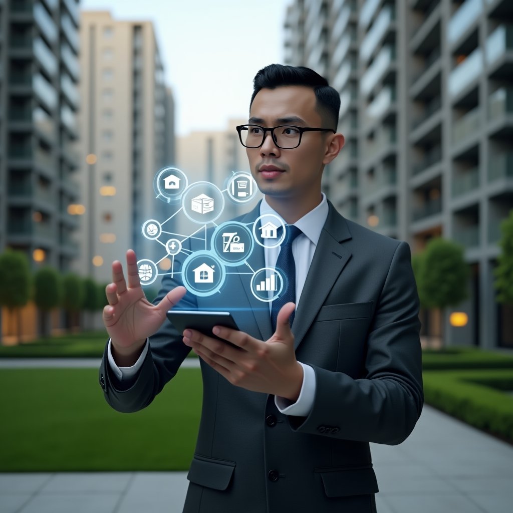 (Ultra-realistic condominium manager in a charcoal gray executive suit, set in a modern luxury condominium environment with high-rise buildings and manicured green landscaping, examining a floating holographic app dashboard displaying communication bubbles, financial charts and calendar icons, confident and focused expression, cinematic lighting, shallow depth of field, highly detailed textures, realistic skin, photographic realism, 8k resolution --ar 1:1 --v 6)