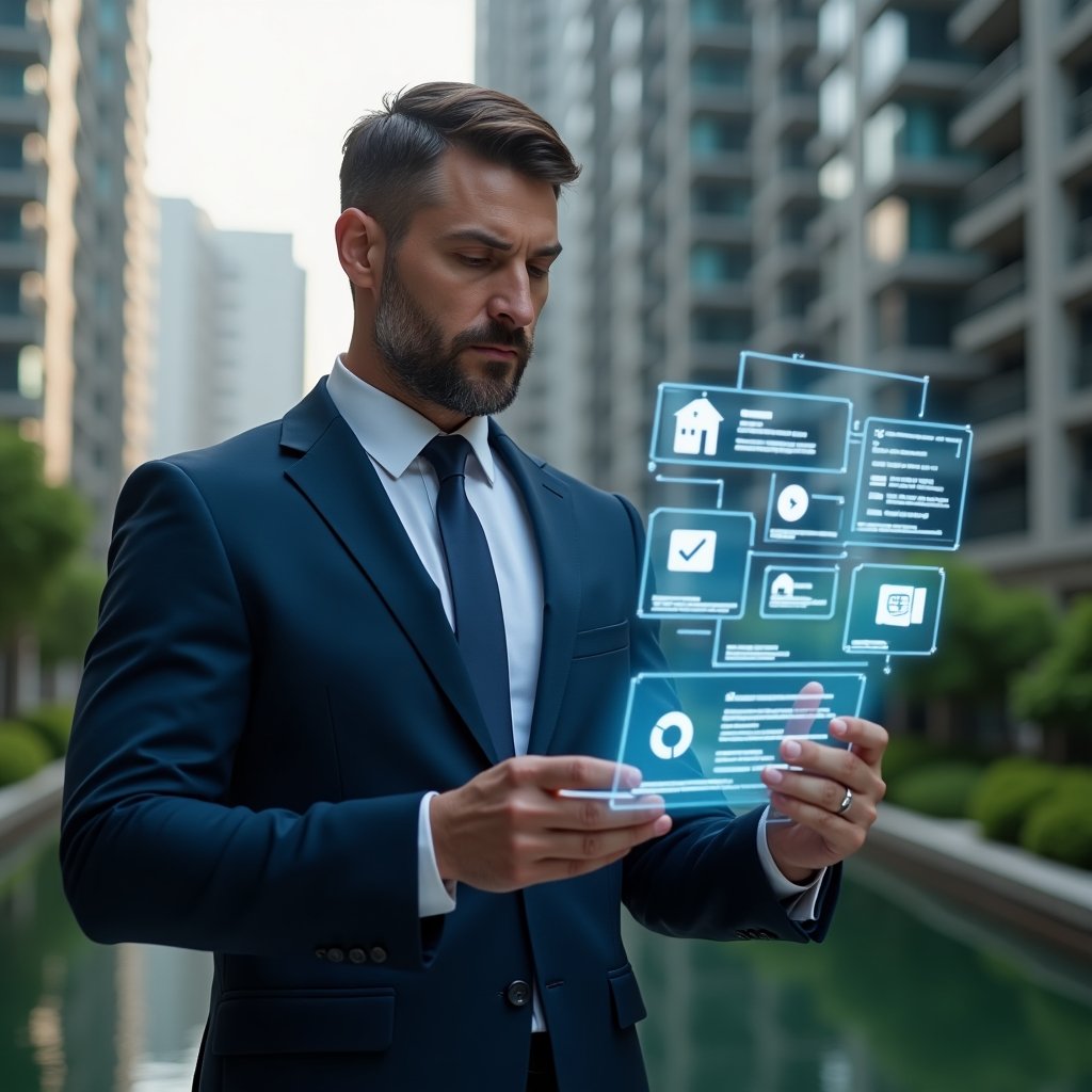 (Ultra-realistic condominium manager in a navy blue tailored suit, set in a modern luxury condominium environment with high-rise buildings and manicured green spaces, analyzing a holographic digital interface displaying notifications, charts and scheduling controls symbolizing an urgent management app, confident and focused expression, cinematic lighting, shallow depth of field, highly detailed textures, realistic skin, photographic realism, 8k resolution --ar 1:1 --v 6)