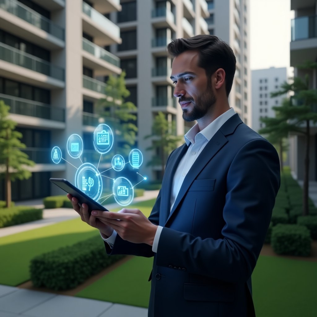 (Ultra-realistic condominium manager in a tailored navy suit, thoughtfully examining a holographic tablet displaying digital app icons and performance charts, set in a modern luxury condominium environment with high-rise buildings and manicured green landscaping, medium shot with the character in sharp focus and a softly blurred background, cinematic lighting, photographic realism, highly detailed textures, realistic skin, shallow depth of field, 8k resolution --ar 1:1 --v 6)