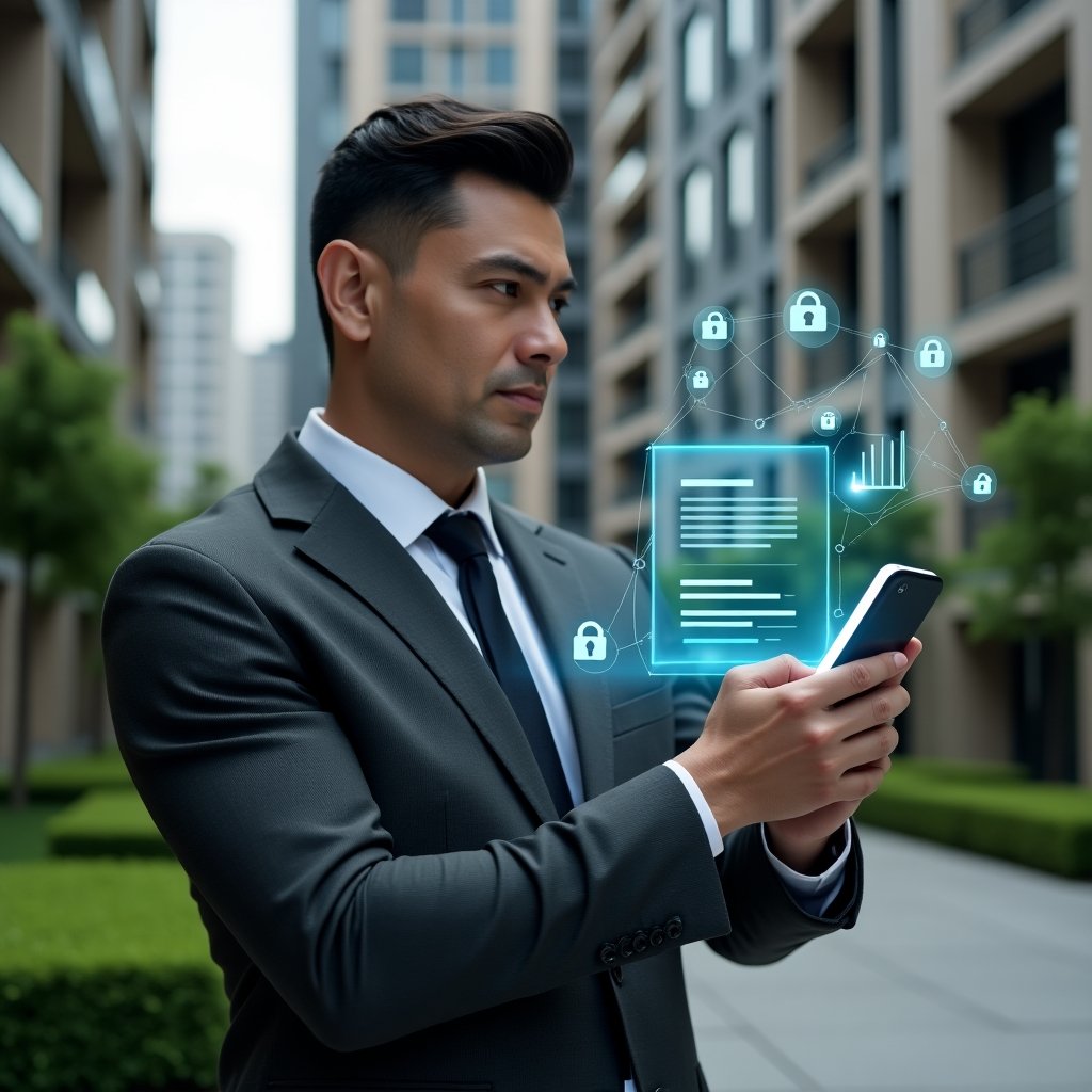 (Ultra-realistic professional property manager in a charcoal gray tailored suit, set in a modern luxury condominium environment with high-rise buildings and manicured green landscaping, holding a smartphone projecting a holographic dashboard of charts and notifications, surrounded by floating icons of calendars, messages and security locks to symbolize digital management, confident and thoughtful expression, cinematic lighting, shallow depth of field, highly detailed textures, realistic skin, photographic realism, 8k resolution --ar 1:1 --v 6)