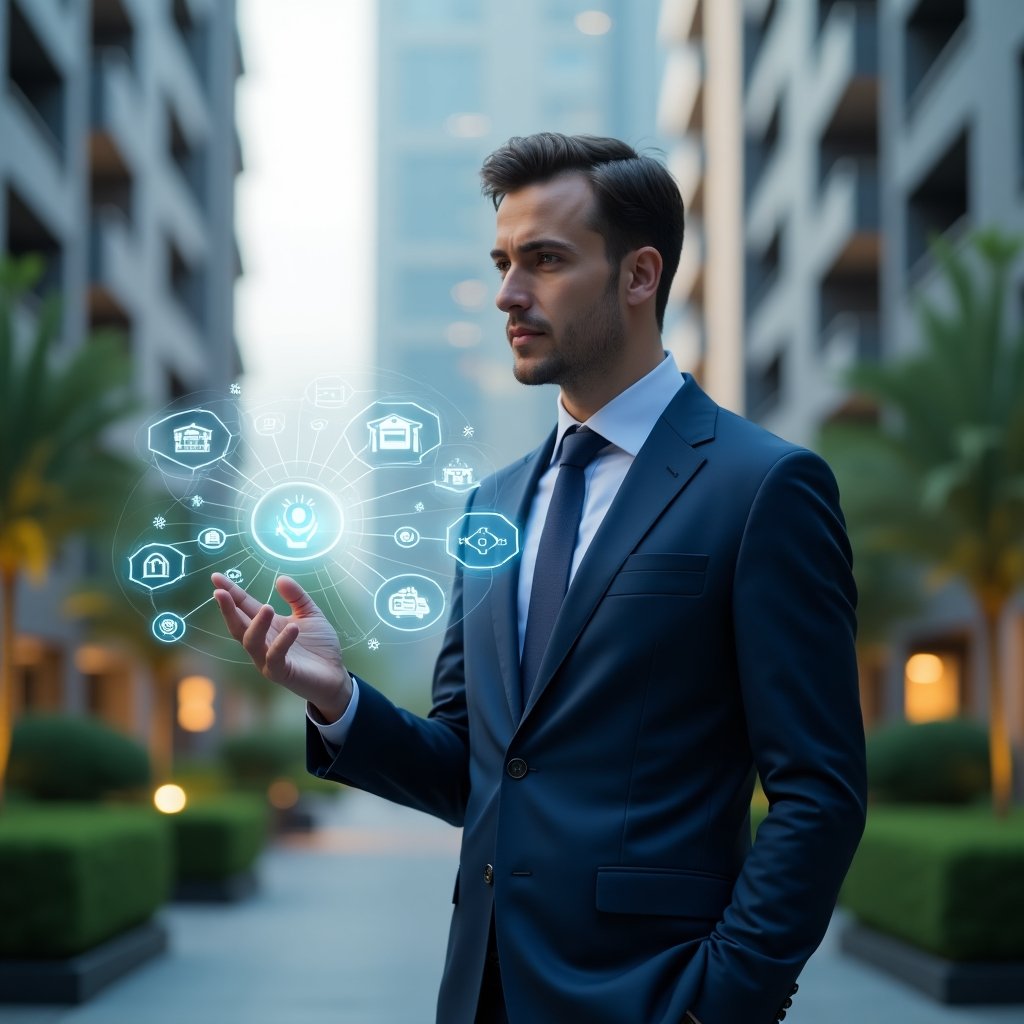 Ultra-realistic condominium manager in a navy blue suit, set in a modern luxury condominium environment with high-rise buildings and lush green landscaping, confidently analyzing a floating holographic dashboard displaying communication, financial and security icons, holographic interface elements surrounding him, cinematic lighting, shallow depth of field, highly detailed textures, realistic skin, photographic realism, 8k resolution --ar 1:1 --v 6