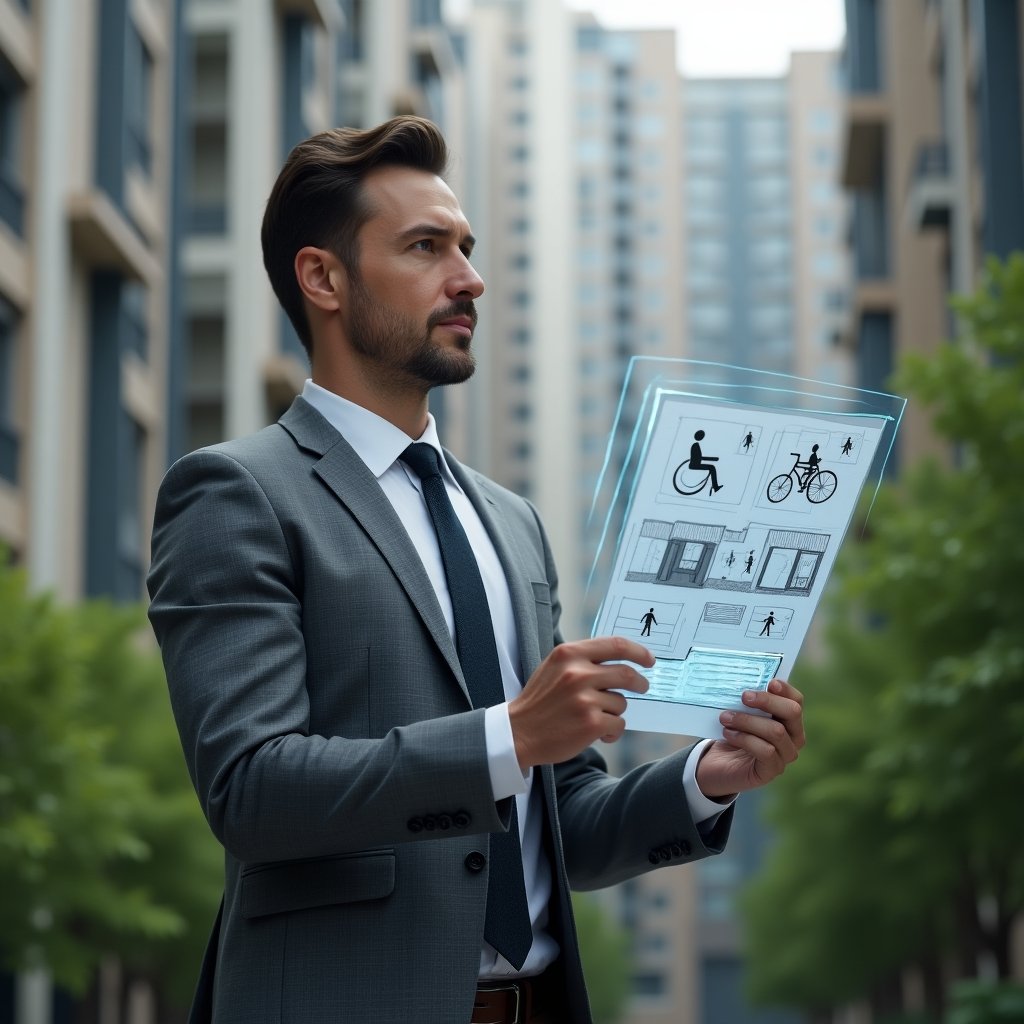 (Ultra-realistic condominium manager in an elegant gray suit, set in a modern luxury condominium environment with high-rise buildings and lush green landscaping, examining a holographic accessibility plan featuring ramp, wheelchair and braille icons, thoughtful and confident expression, cinematic lighting, shallow depth of field, highly detailed textures, realistic skin, photographic realism, 8k resolution --ar 1:1 --v 6)