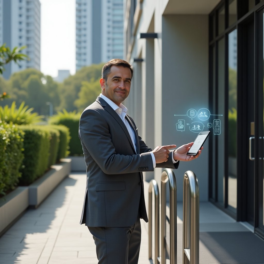 (Ultra-realistic condominium manager in a charcoal gray suit with a crisp white shirt, set in a modern luxury condominium environment with high-rise buildings and lush green landscaping, standing beside an accessible ramp and resting one hand on a polished stainless steel handrail while pointing at a tactile signage panel, holographic accessibility icons floating above a digital tablet, confident and inviting expression, cinematic lighting, shallow depth of field, highly detailed textures, realistic skin, photographic realism, 8k resolution --ar 1:1 --v 6)